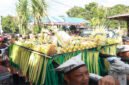 Kirab - Warga Kedawung Sraten mengusung takir raksasa yang berisi bermacam jenis tumpeng dan hasil pertanian untuk di kirab keliling desa 