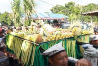 Kirab - Warga Kedawung Sraten mengusung takir raksasa yang berisi bermacam jenis tumpeng dan hasil pertanian untuk di kirab keliling desa 
