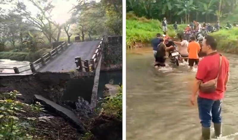 Akses Utama Patah - Jembatan penghubung antara Desa Kandangan PTPN XII Kebun Sungai Lembu menuju Pesanggaran patah sehingga warga terpaksa melalui jalur sungai (Foto : Istimewa/Jatim.co)