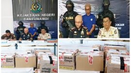 Rilis Tangkapan Rokok Ilegal - Kantor Bea Cukai dan Kejaksaan Negeri Kabupaten Banyuwangi gelar hasil tangkapan dan pelaku peredaran rokok ilegal atau tanpa pita cukai yang berpotensi merugikan pendapatan negara (Foto : Istimewa/Jatim.co) 