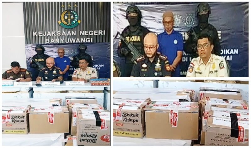 Rilis Tangkapan Rokok Ilegal - Kantor Bea Cukai dan Kejaksaan Negeri Kabupaten Banyuwangi gelar hasil tangkapan dan pelaku peredaran rokok ilegal atau tanpa pita cukai yang berpotensi merugikan pendapatan negara (Foto : Istimewa/Jatim.co) 