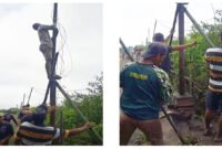Gotong Royong : Warga bersama-sama kerja bakti memasang tiang lampu untuk penerangan jalan menuju makam sepanjang 450 meter hasil swadaya bersama (Foto : Warga Dusun Simbar 1/Jatim.co) 