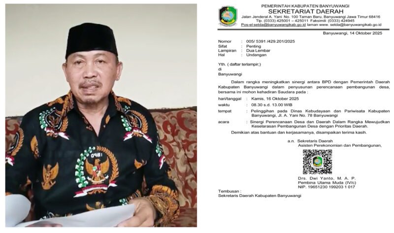 Sampaikan Tanggapan - Ketua Persatuan Anggota BPD Seluruh Indonesia (PABPDSI) Kabupaten Banyuwangi, Misnadi memberikan tanggapan resmi melalui video pernyataan tentang surat undangan dari sekretaris daerah dalam acara yang dilaksanakan oleh Asosiasi BPD Banyuwangi (Foto : Jatim.co)