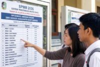 MEMANTAU NILAI AMBANG BATAS : Salah seorang ibu tampak ikut melihat papan berisi informasi nilai ambang batas dimasing-masing sekolah yang dituju saat mengantarkan anaknya mendaftar di salah satu SMA pada tahap III SPMB jenjang SMA di Banyuwangi. (Foto : Jatim.co)