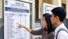 MEMANTAU NILAI AMBANG BATAS : Salah seorang ibu tampak ikut melihat papan berisi informasi nilai ambang batas dimasing-masing sekolah yang dituju saat mengantarkan anaknya mendaftar di salah satu SMA pada tahap III SPMB jenjang SMA di Banyuwangi. (Foto : Jatim.co)