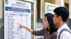 MEMANTAU NILAI AMBANG BATAS : Salah seorang ibu tampak ikut melihat papan berisi informasi nilai ambang batas dimasing-masing sekolah yang dituju saat mengantarkan anaknya mendaftar di salah satu SMA pada tahap III SPMB jenjang SMA di Banyuwangi. (Foto : Jatim.co)