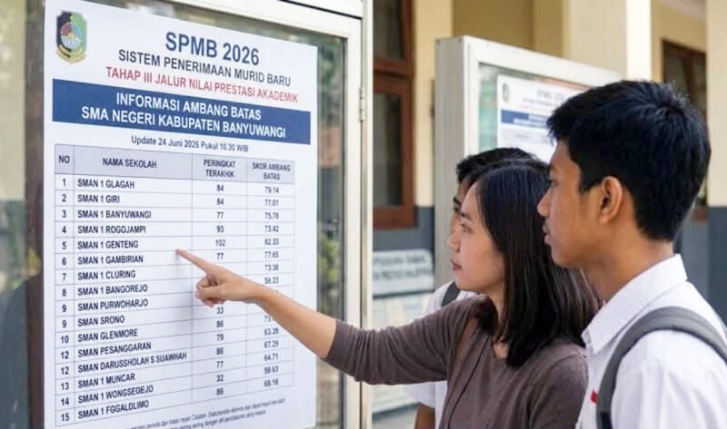 MEMANTAU NILAI AMBANG BATAS : Salah seorang ibu tampak ikut melihat papan berisi informasi nilai ambang batas dimasing-masing sekolah yang dituju saat mengantarkan anaknya mendaftar di salah satu SMA pada tahap III SPMB jenjang SMA di Banyuwangi. (Foto : Jatim.co)
